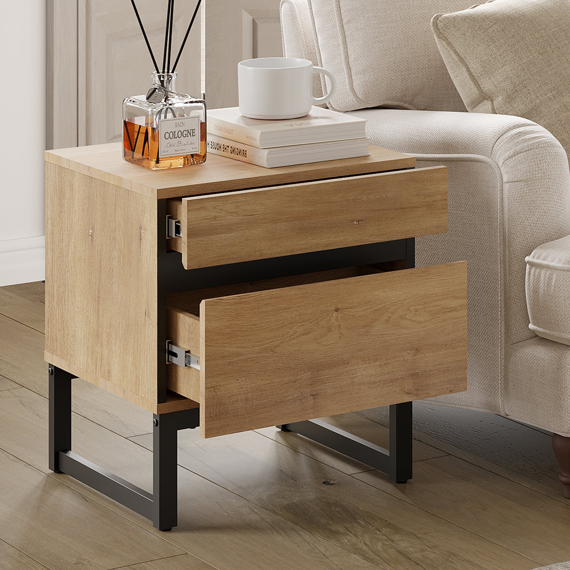 WAMPAT Modern Bedside Table for bedroom, Nightstand with 2 Drawers and Black Square Iron Leg, Wood Rustic Side End Table for living Room