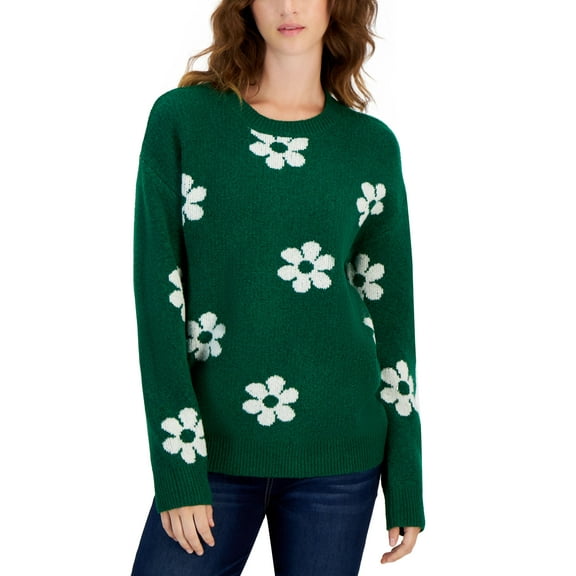 Juniors' Crewneck Daisy Printed Sweater Emerald Jewel Daisy S