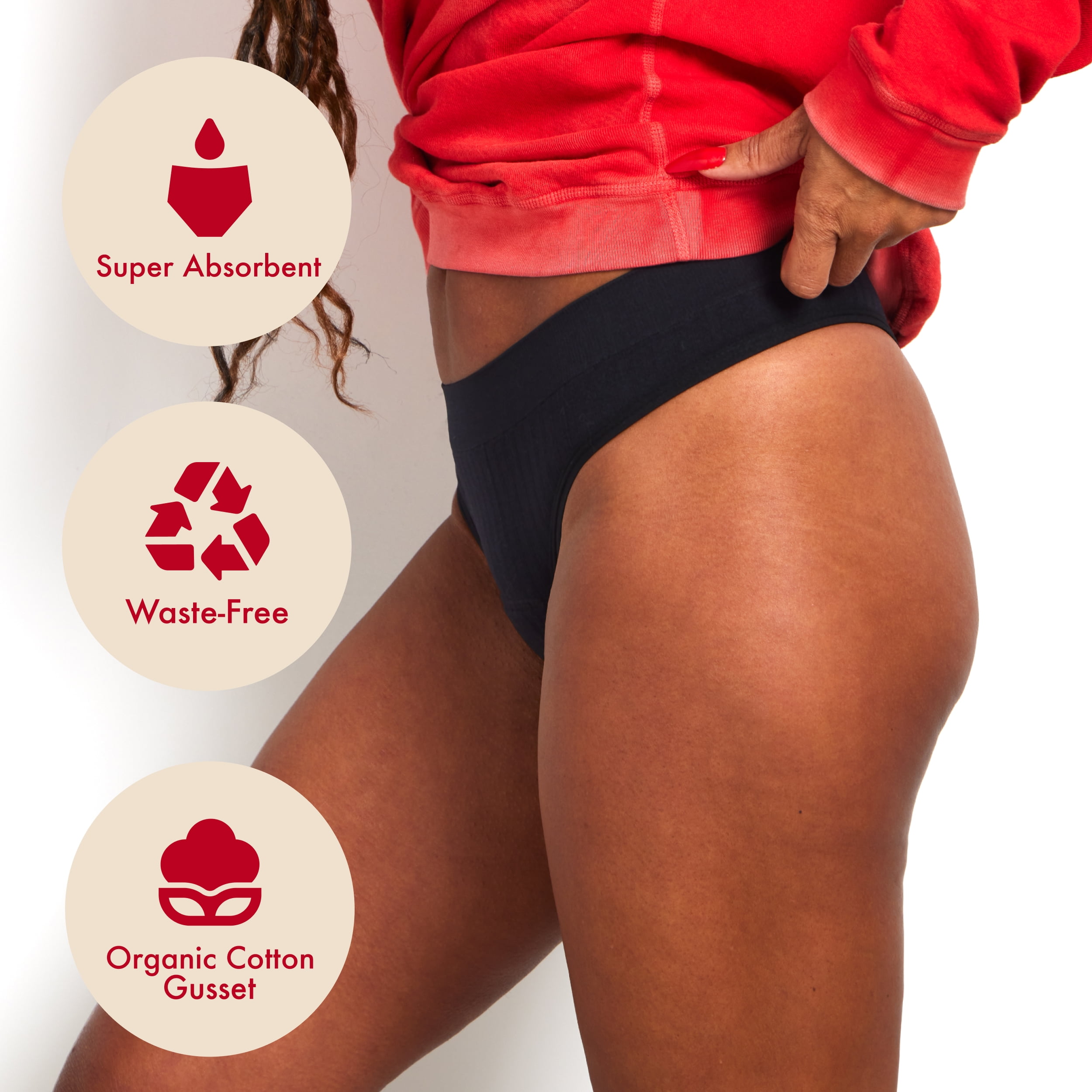 The Period Company. Sporty Stretch Thong, Period Underwear for Light Flows, Black