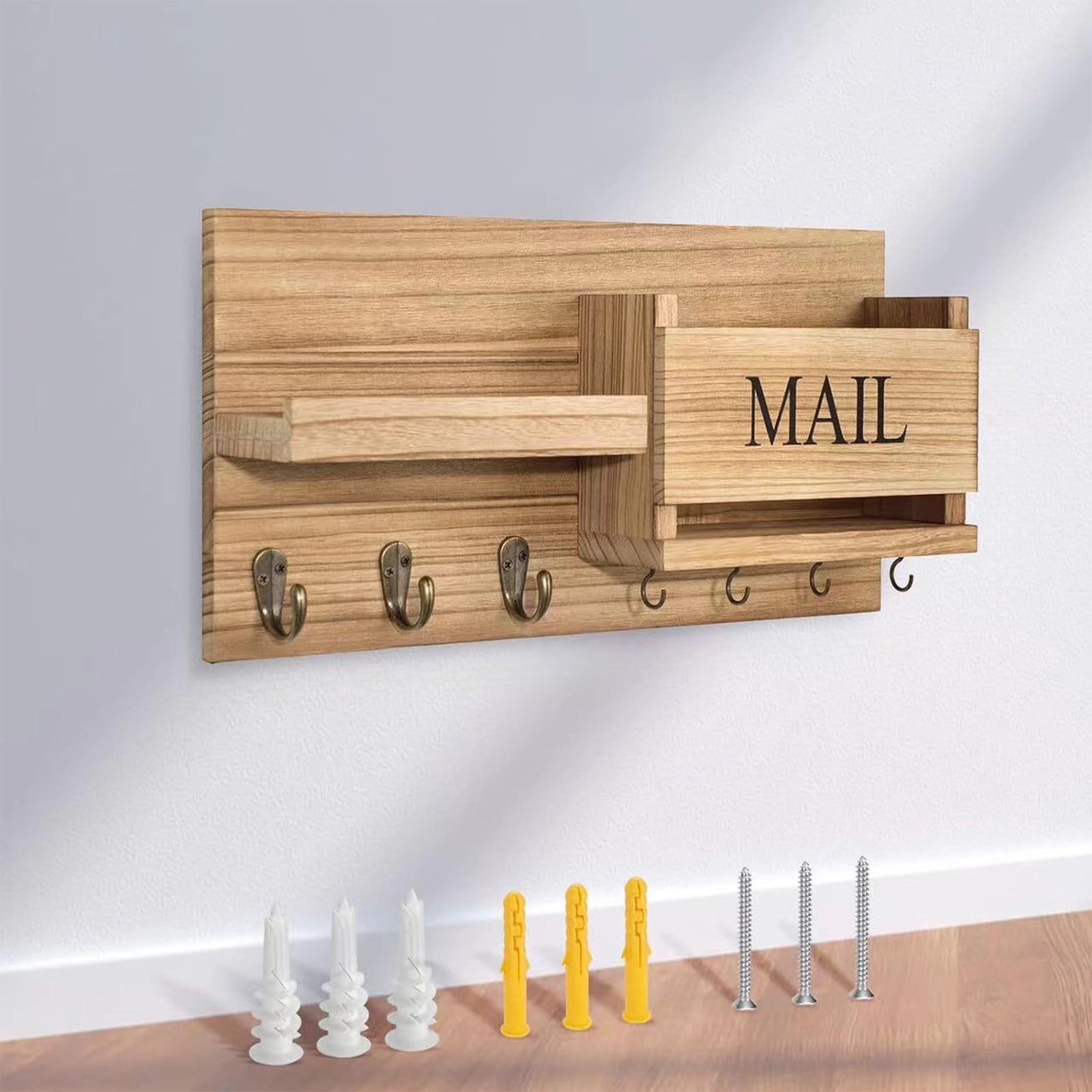 Wall Mounted Coat Rack, Key Holder with Mail Organizer for Entryway, Wooden Shelf with Hooks for Home Decor and Storage