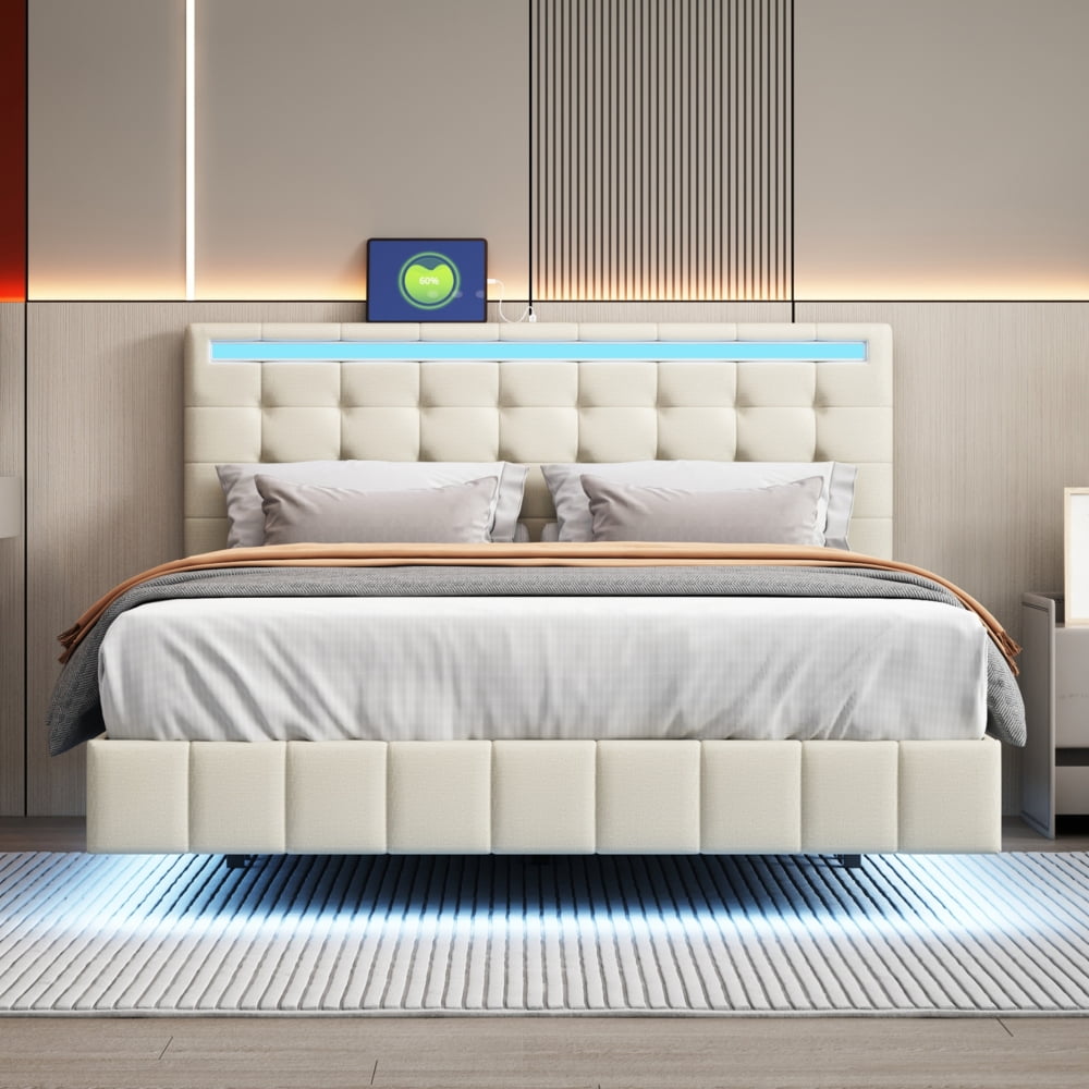 Queen Size Floating Bed Frame with LED Lights and USB Charging Station, Modern Platform Bed with Headboard,Wood Slats Support,No Box Spring Needed,Beige+Linen