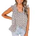 thumbnail image 1 of Pompotops Mode Femmes T-Shirt Imprimé Décontracté Débardeur Sans Manches Col Carré Volants Hauts Blouse, 1 of 7