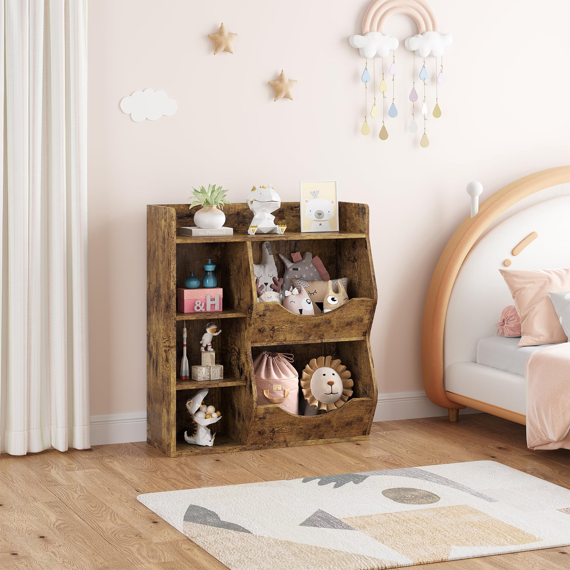 Kids 3-Tier Toy Storage Organizer Kids Bookshelf Double Side Toy Shelf White/Retro/Grey- 5 Compartment Bookshelf & Toy Shelf for Kids' Room, Bedroom, Living Room, and Kindergarten - for Toys and Books