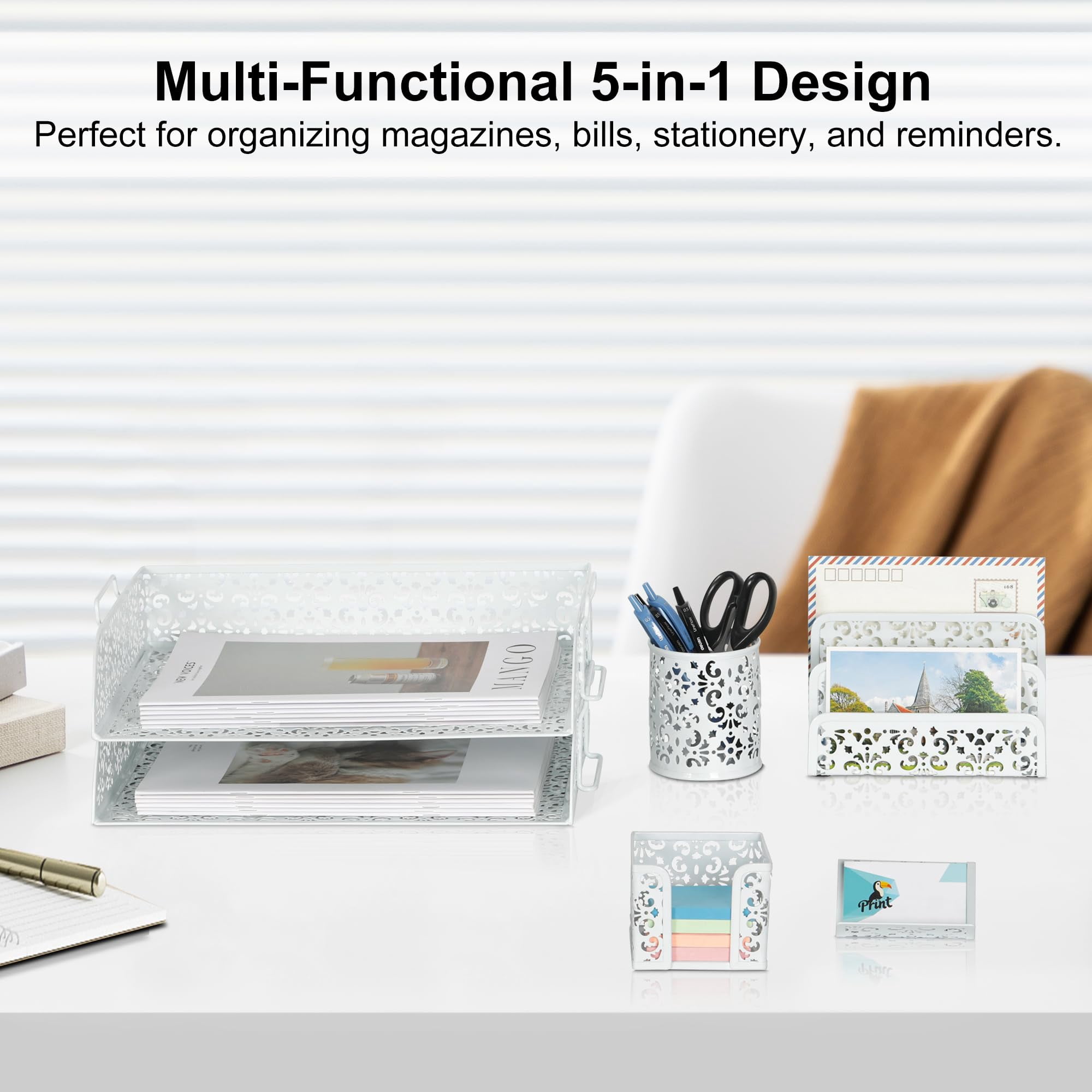 Desk Organizers And Accessories 5 Pieces Office Supplies Set - 2 Tier Paper Tray  Pencil Organizer For Mail Sorter Countertop Business Card Holder Sticky Note White