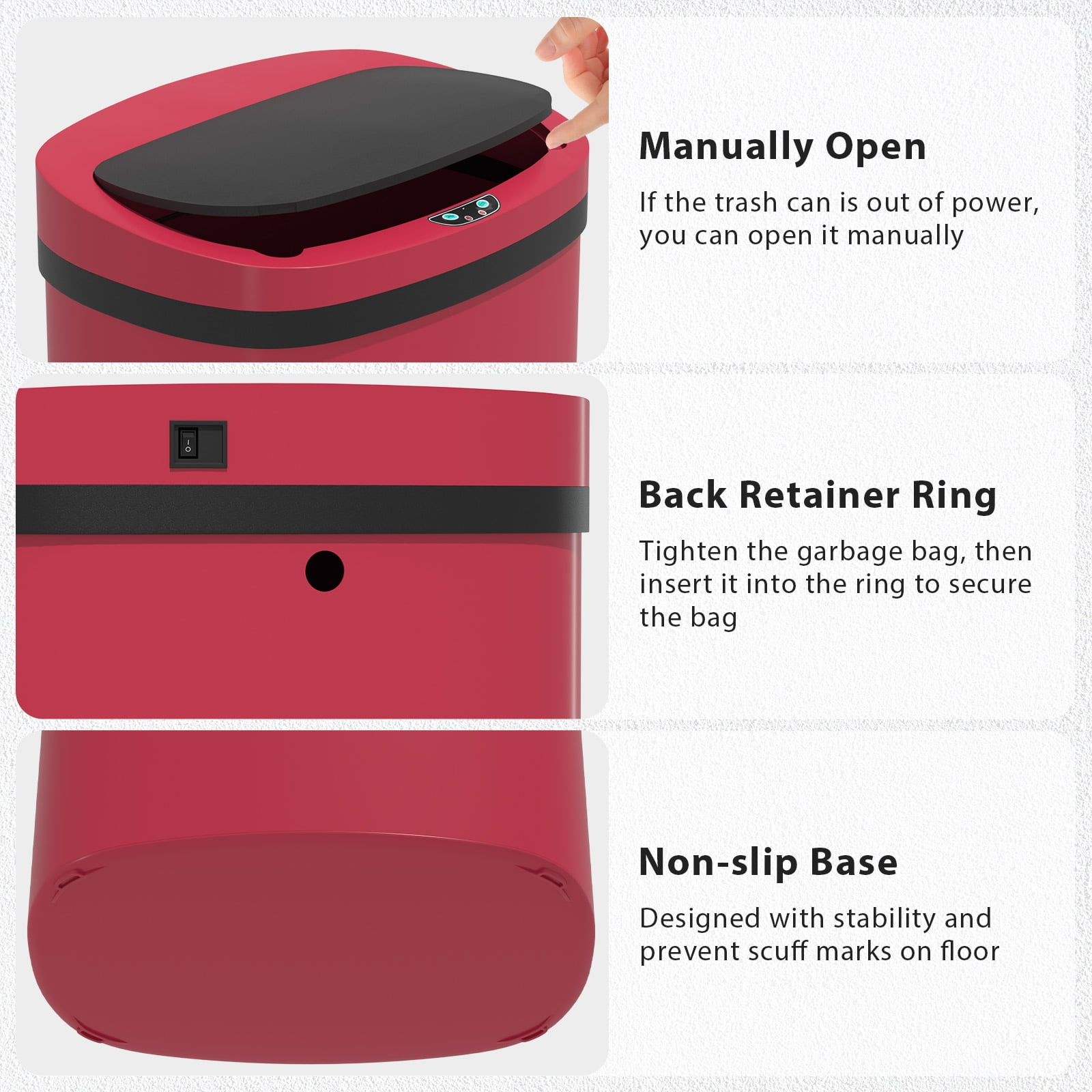 CL.HPAHKL 13 Gallon Automatic Trash Can with Lid, Kitchen Plastic Garbage Can, Red