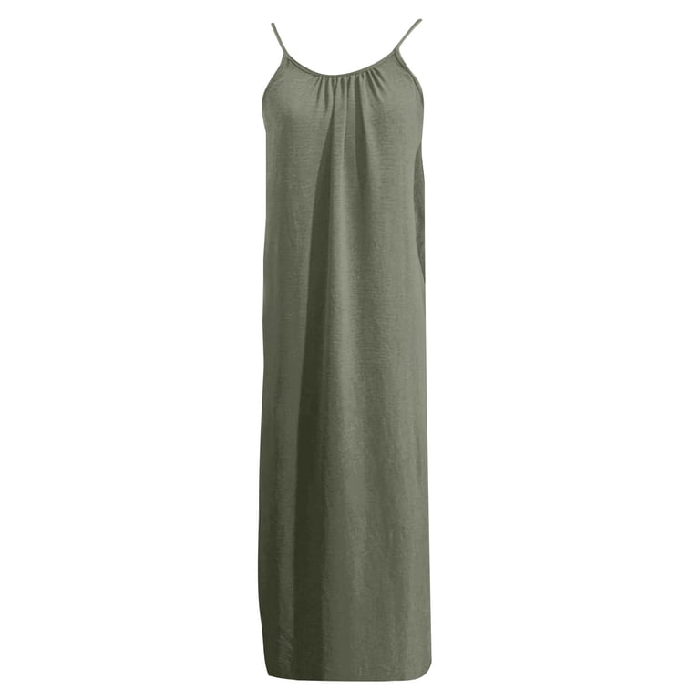 WULMLEO Womens Cotton Linen Spaghetti Strap Maxi Dresses Trendy Summer  Backless Sleeveless Loose Flowy Vacation Dress Army Green S - Walmart.com
