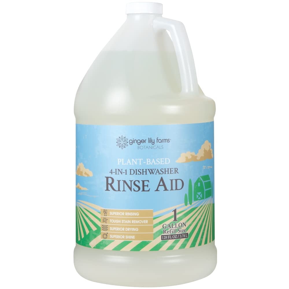 Ginger Lily Farms Botanicals Plant-Based 4-In-1 Dishwasher Rinse Aid, 100% Vegan & Cruelty-Free, Fragrance-Free, 1 Gallon (128 fl oz) Refill