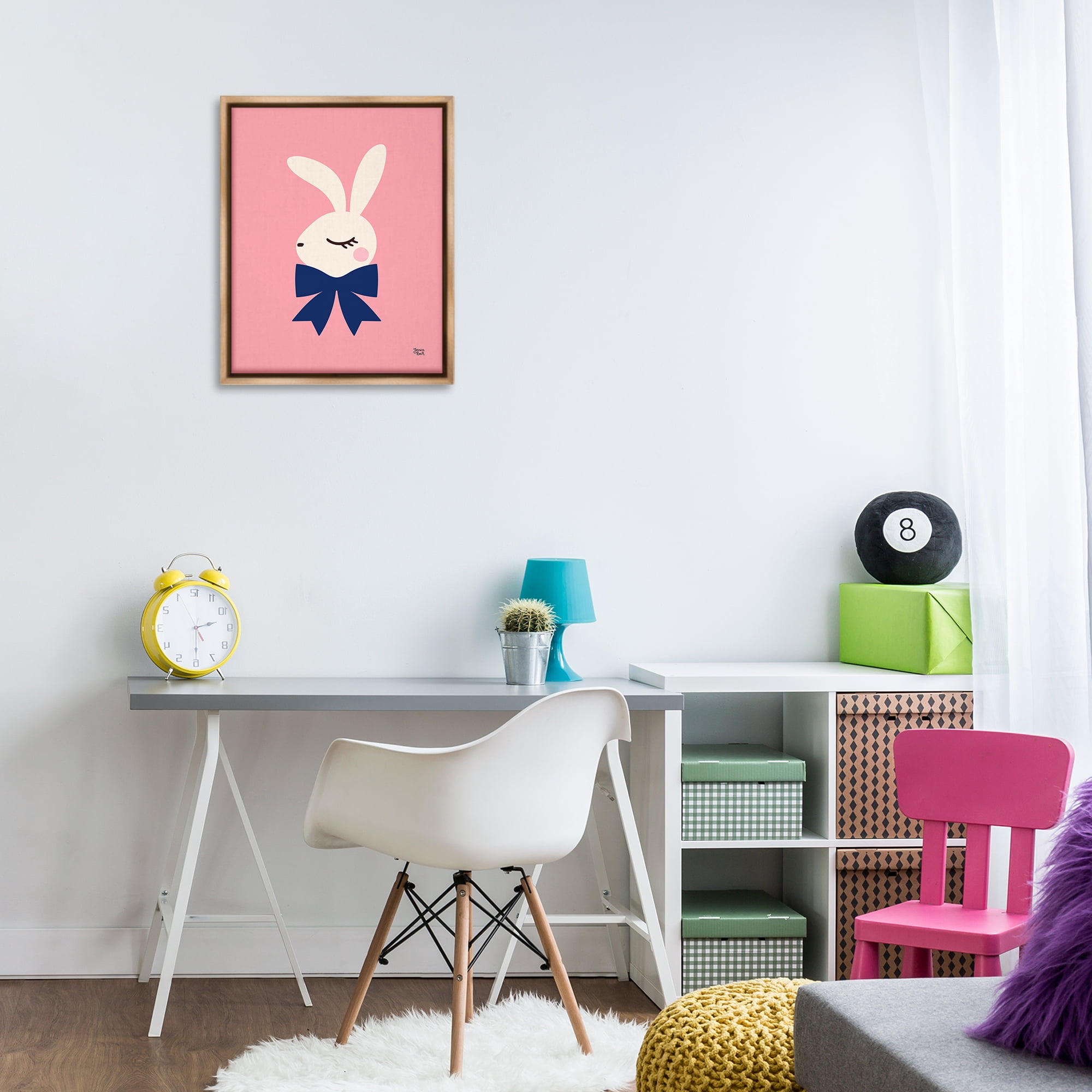 Stupell Industries Rabbit with Ribbon on Pink Animals Painting Brown Floater Framed Canvas Art Print Wall Art, 17 x 21
