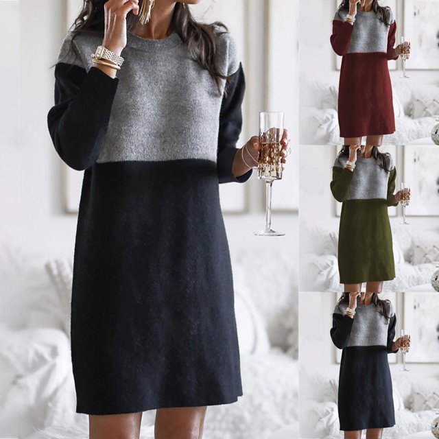 Gspmoly Robes pour Femmes Grande Taille, Mode Femmes Été Décontracté Ample Manches Longues Uni à Empiècements Robe Patchwork Robes de Soirée pour Femmes Offres