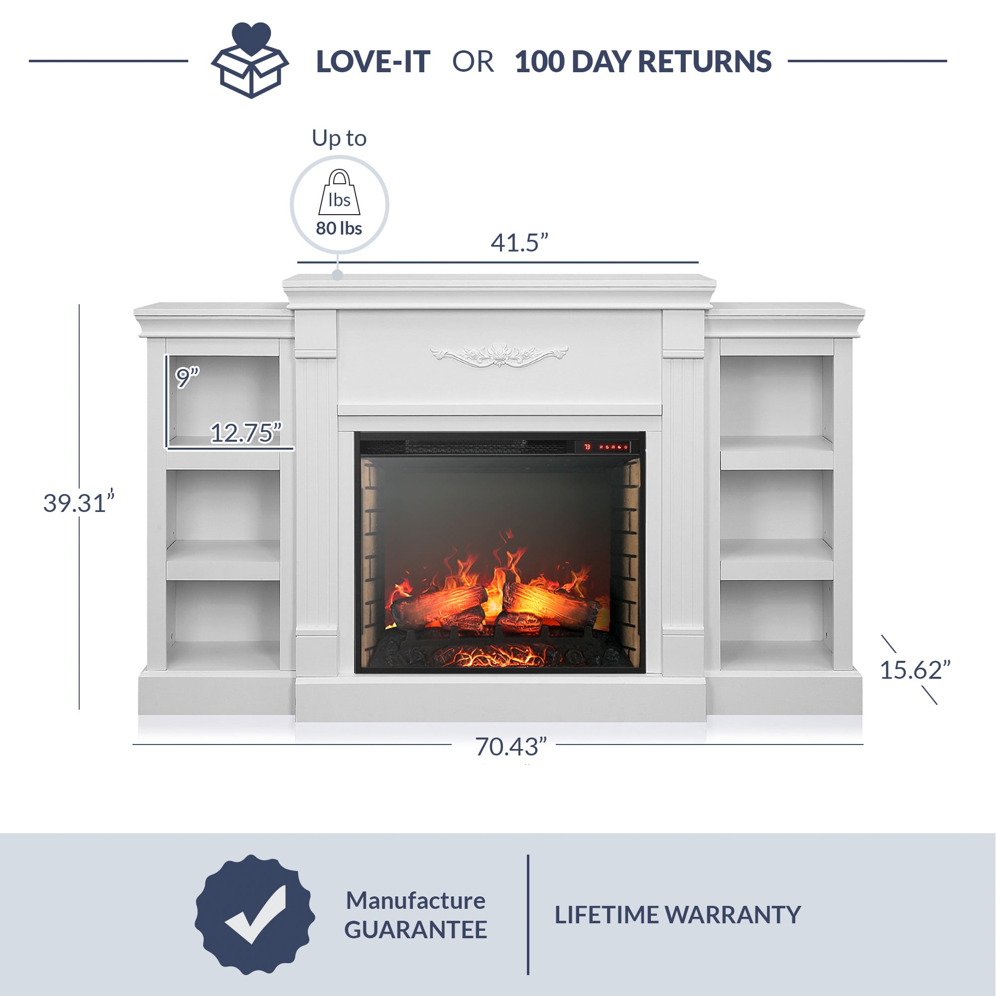 BELLEZE 70" Mantel TV Stand Entertainment Center For TVs up to 68" with 28" Fireplace - Lenore (White)