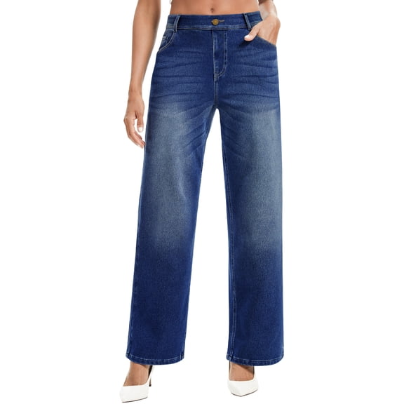 Stretchy Jeans Wide Leg Jeans for Women Trendy Pull On High Waist Tummy Control Sweatpant Jean Denim Pants with Pockets