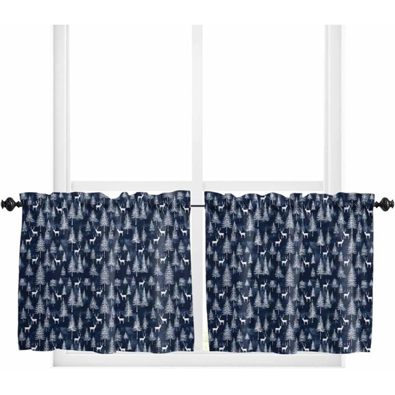 Navy Blue Christmas Kitchen Curtain 2 Panels Tiers Curtains 36 Inch Length, Xmas Tree Elk Christmas Curtains Rod Pocket Curtains Window Drapes Treatment Window Cafe Curtains