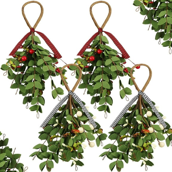 4 Pieces Christmas Mistletoe Ornaments, Artificial Mistletoe Branches Decor, Decorative Hanging Mistletoe Red and White Berry Picks for Home Christmas Handmade Party Decorations