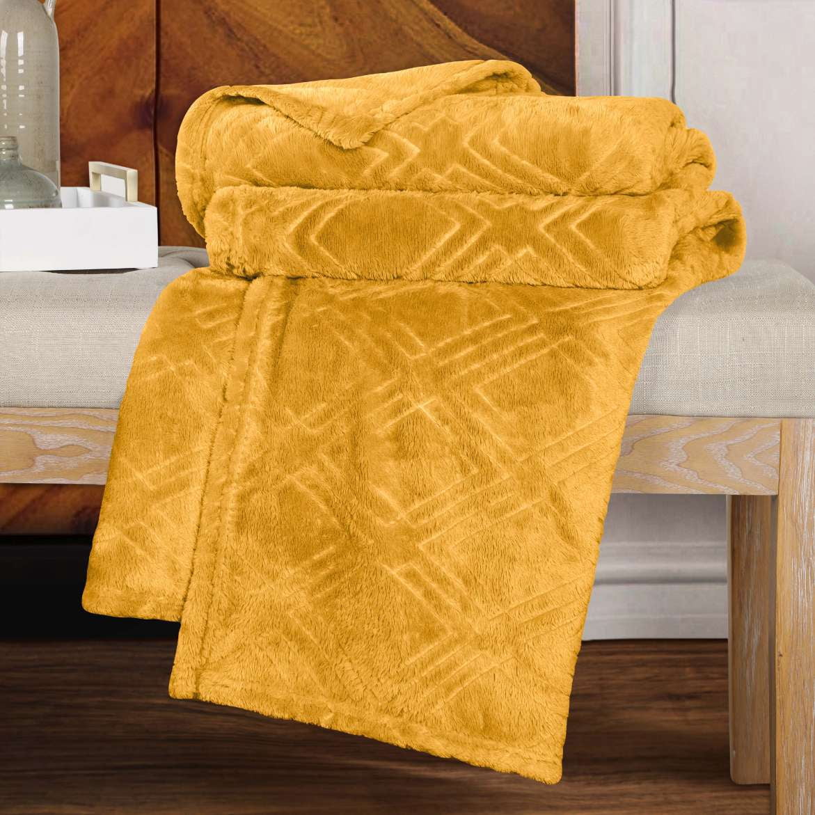Superior Atka Fleece Diamond Blanket, 66" x 90" Soft Cozy Blankets, Twin Size, Gold