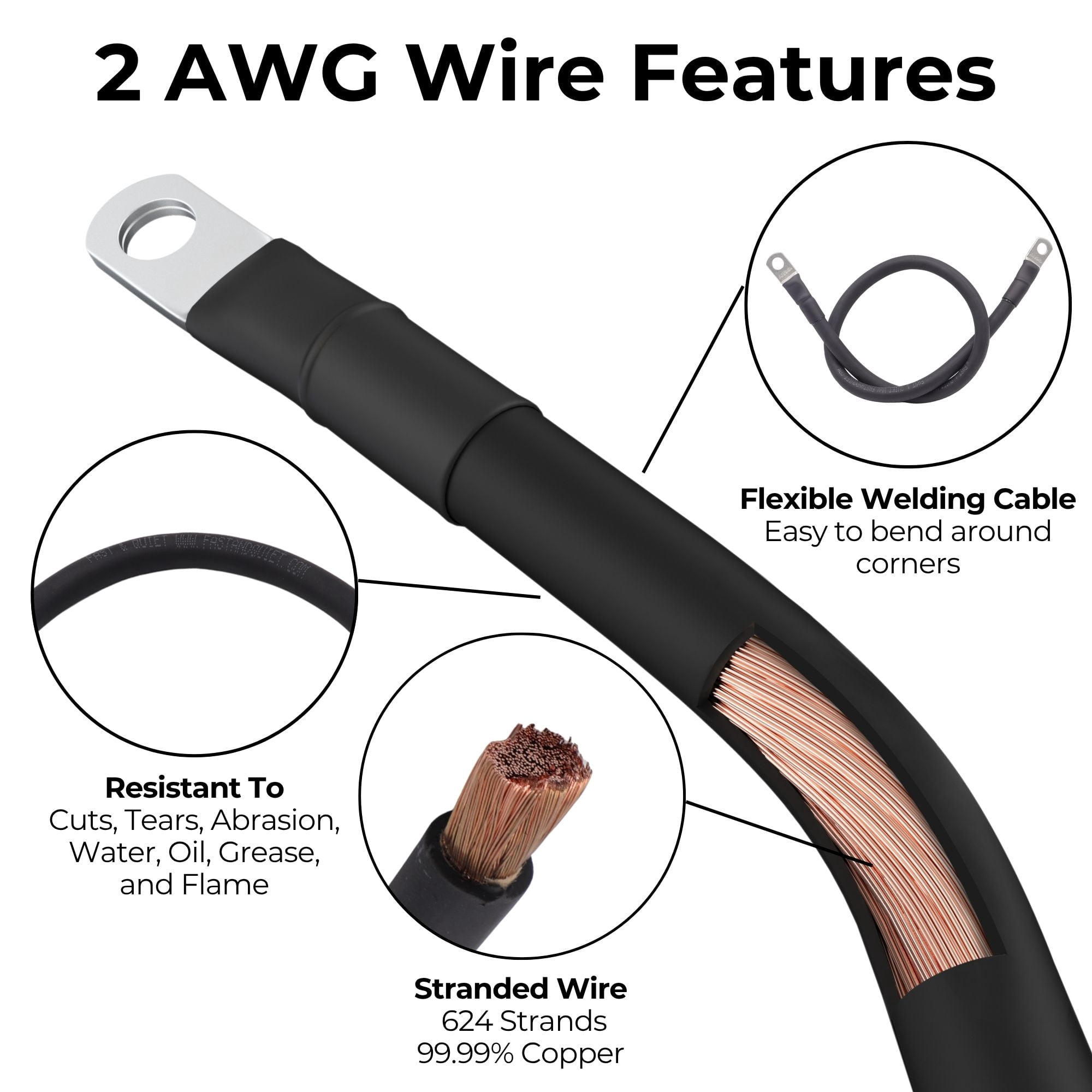 2 AWG Battery Cable with Battery Terminals, Pure Copper Wire, Automotive, Solar Power Inverter, Welding, Golf Cart, Lawn Mower, Motorcycle (Black Wire, 3.5 FT (42 in), 3/8" Lugs on Both Ends, 1pc)