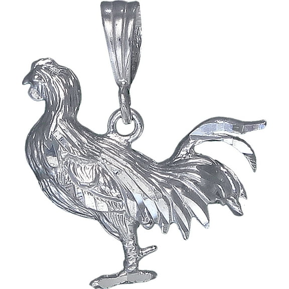 Sterling Silver Rooster Charm Pendant Necklace with Diamond Cut Finish and 24 Inch Figaro Chain