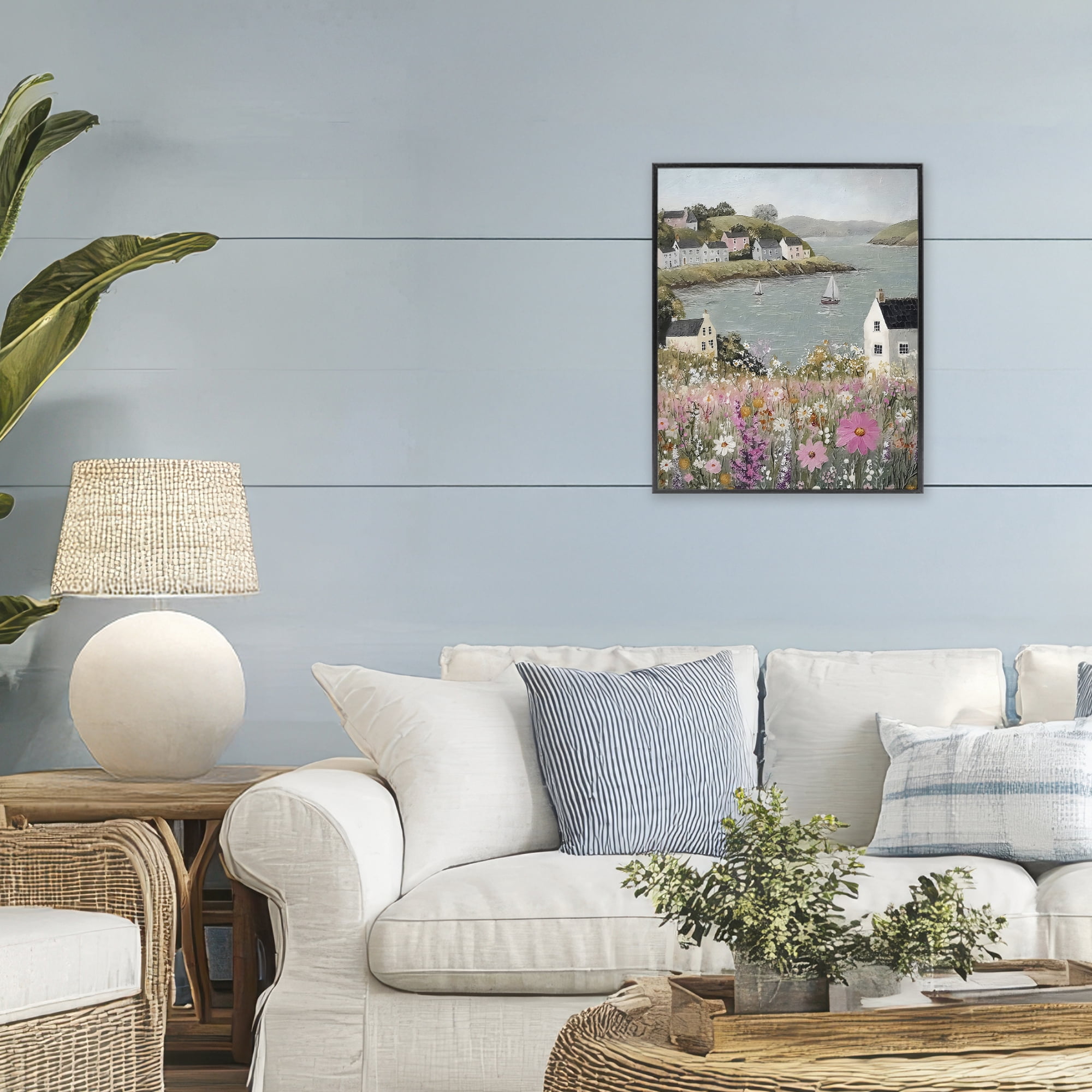Stupell Industries Seaside Cottages & Sailboats Black Framed Giclee Art, design by Riley B