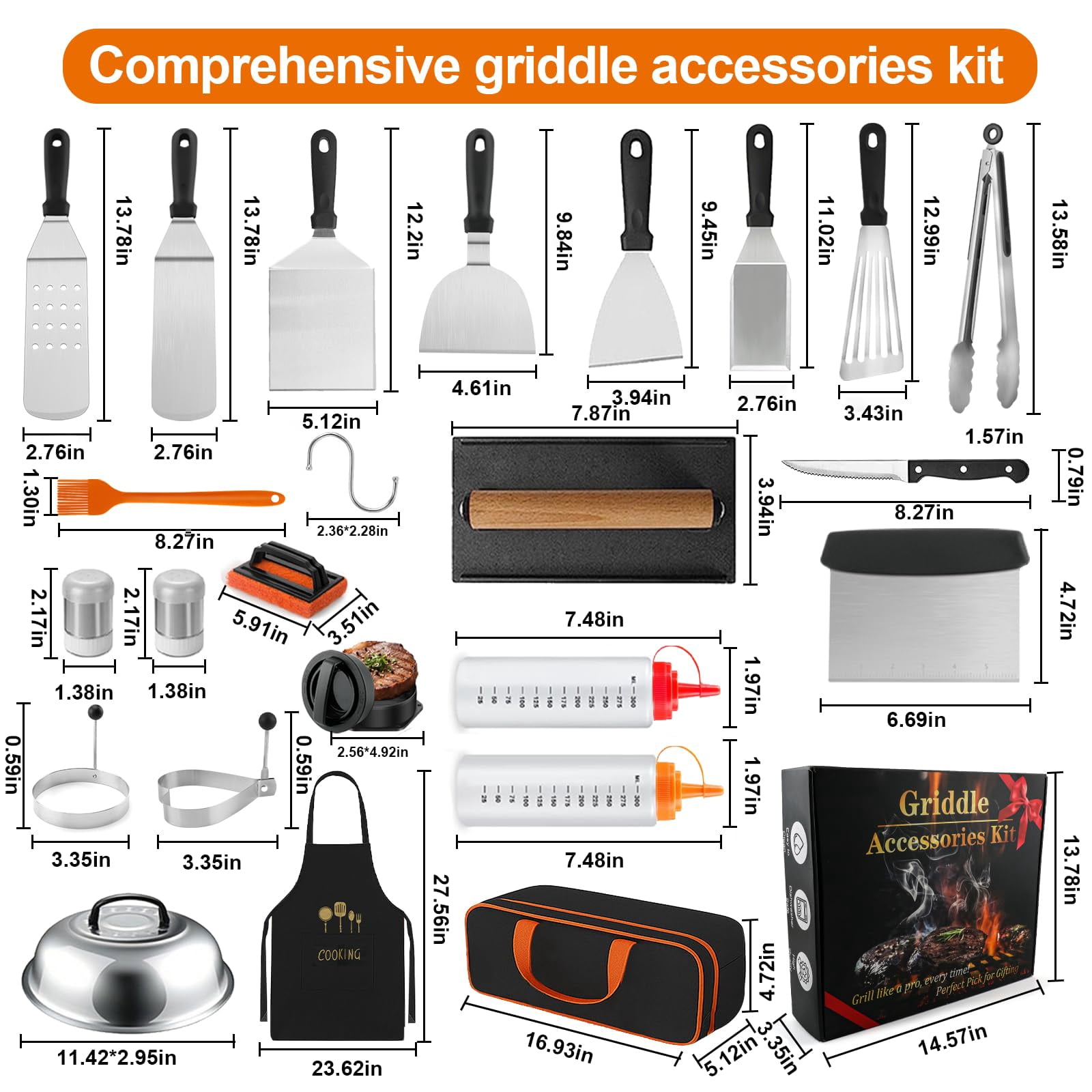 42pcs Griddle Accessories Kit For Blackstone And Camp Chef  Professional Flat Top Grill Tools Set With Enlarged Spatulas Basting Cover Scraper Carry Bag Complete Outdoor Bbq Grilling