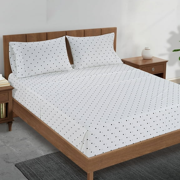 Casa Platino Full Cotton Sheets – Breathable 100% Cotton Percale Bedding Set, Hotel-Quality Softness & Cool Comfort, 15” Deep Pocket – Polka Dot Black