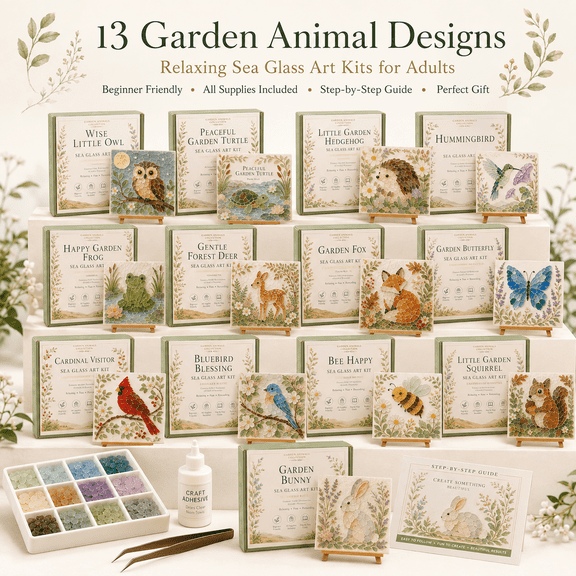 Garden Animals Sea Glass Art Kit, DIY Cute Animal Mosaic Craft Kit for Adults, Colorful Sea Glass Art with Step-by-Step Guide and Easel, Relaxing Garden Inspired Home Decor