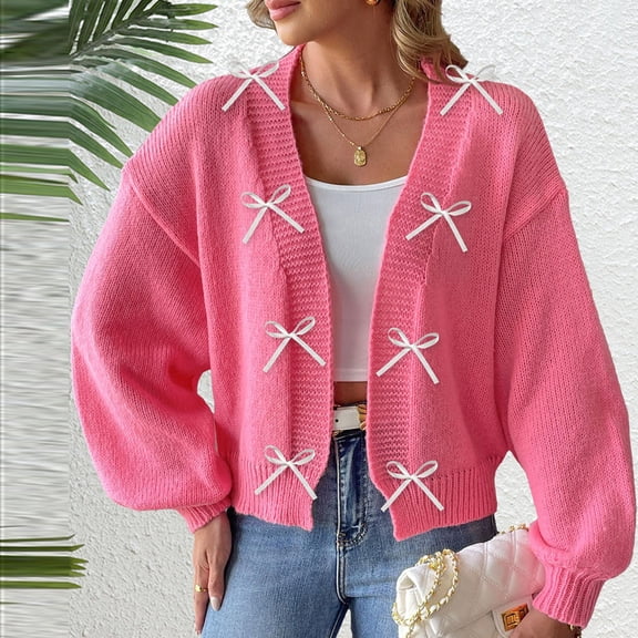 Eltusu Women Cardigans Sweaters, Long Sleeve Button Down Warm Bow Winter Outerwear Hot Pink Size S-XL