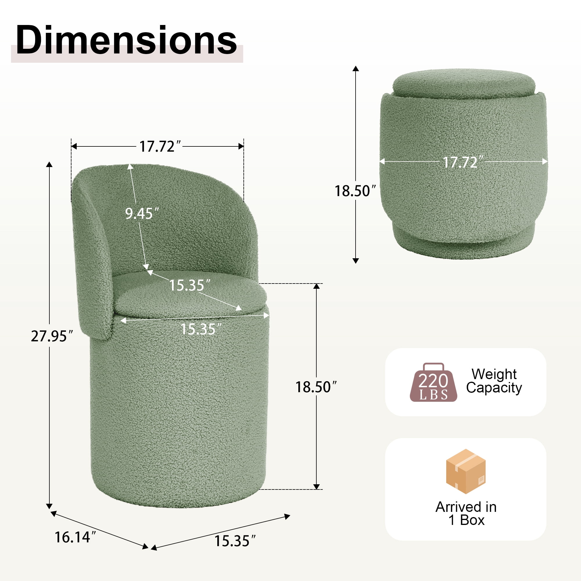 GEEYOO Modern Round Vanity Storage Stool,Sherpa Upholstered Ottoman with Foldable Backrest and Removable Lid,Comfy Makeup Stool for Bedroom Living Room,Green