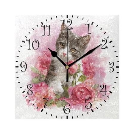 7.78in Square Artistic Wall Clock Dual-Purpose Tabletop & Hanging Decor Silent Non-Ticking Clocks for Home Office A Gray-white Cat