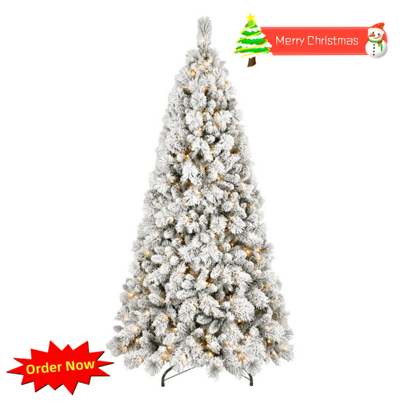 Tcbosik Flocked Artificial Christmas Tree with Lights, 6ft Pre-Lit Holiday Xmas Tree with 752 Branch Tips for Indoor Use, Easy Assembly, Spray White