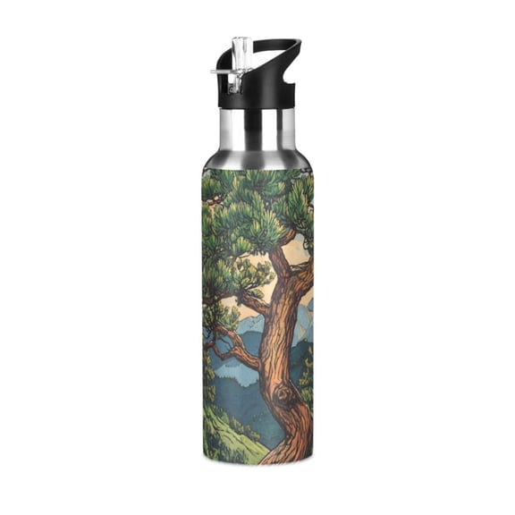 Yayeee 20oz Insulated Water Bottle Double Wall Stainless Steel with Flip Straw Lid, Retro Pine Tree