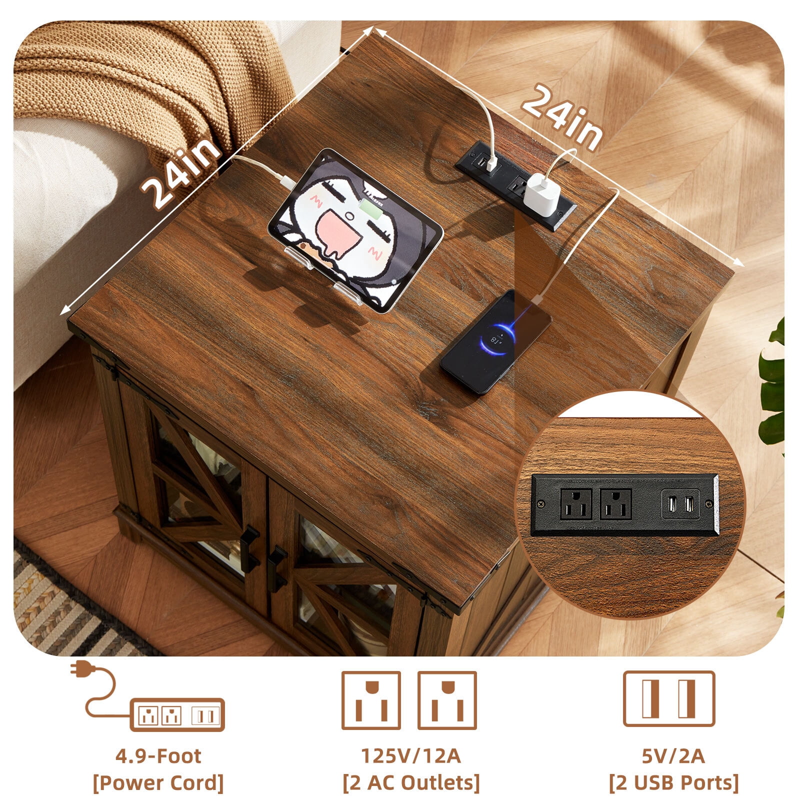 Joaxswe 24" Farmhouse End Tables for Living Room with Charging Station, Nightstand for Bedroom with Drawer, Square Bedside Table for Living, Brown