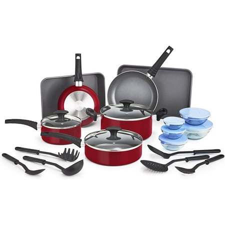 

Nonstick Cookware Set with Glass Lids - Aluminum Bakeware Pots and Pans Storage Bowls & Utensils Compatible with All Stovetops 21 Piece Red