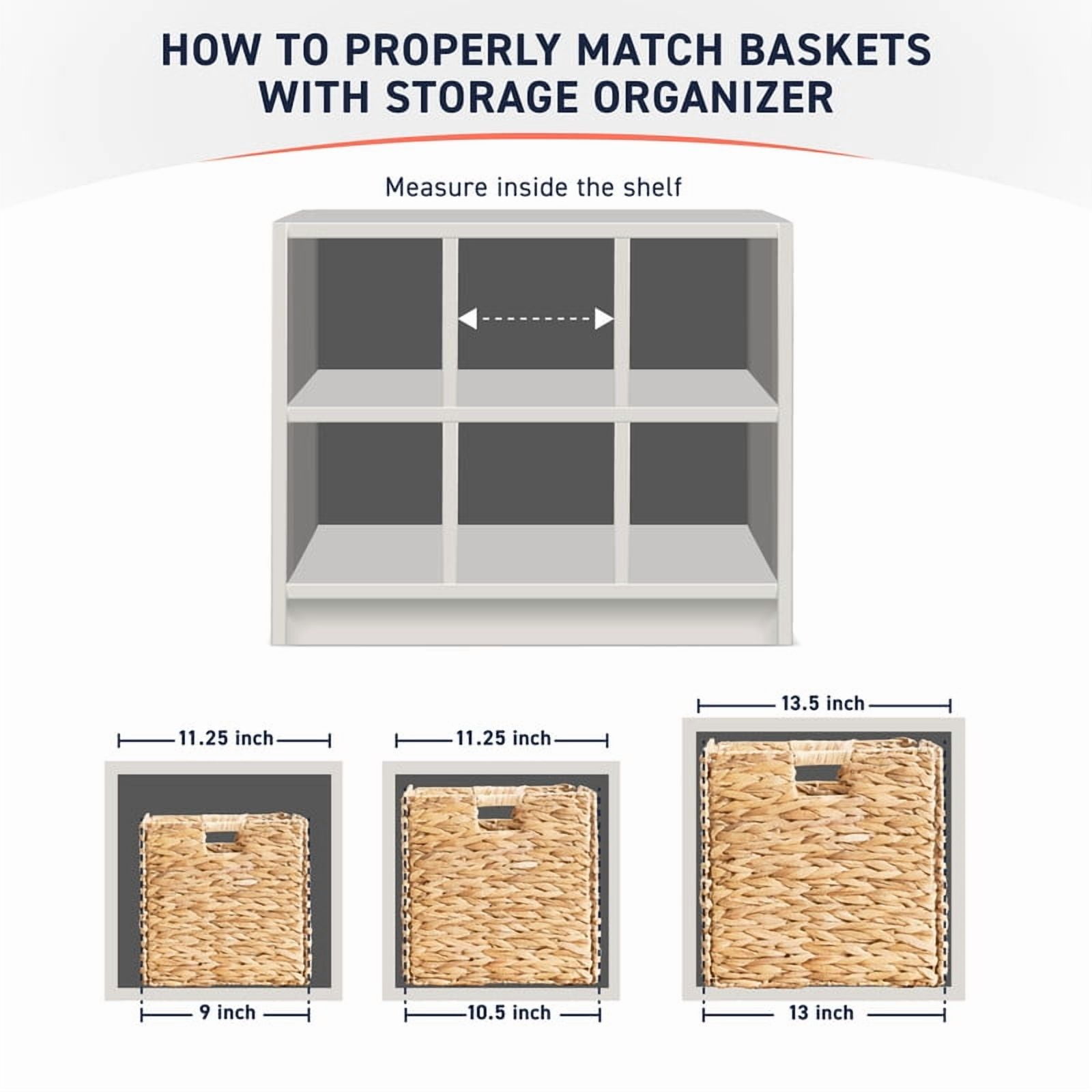 Ornavo Home 10.5 x 10.5 Inch Water Hyacinth Baskets Set of 6 – Handwoven Collapsible Wicker Storage Cube Bins with Handles for Bathroom, Bedroom, Laundry and Pantry - Natural