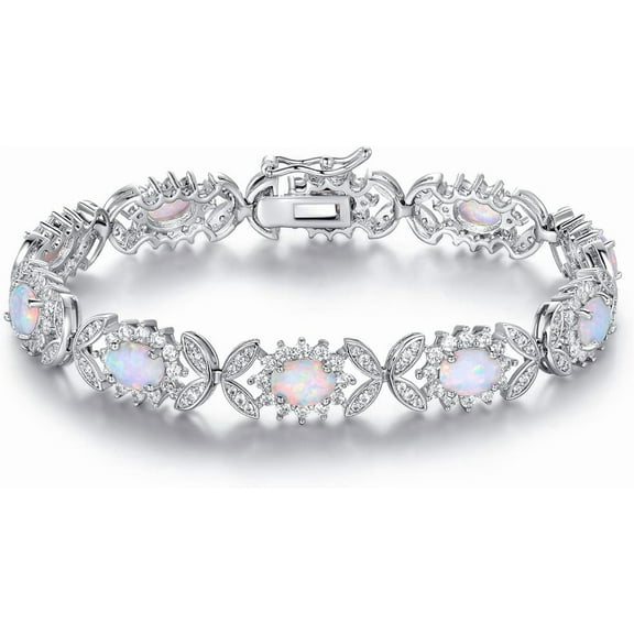 10CT Oval Cut Lab-Created Fire Opal Women's Tennis Bracelet 14K White Gold Finish