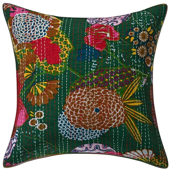 Stylo Culture Indian Sofa Throw Pillow Cover Kantha 24x24 Large Floral Dark Green Printed 60cm x 60cm Home Decor Cotton Tropicana Square Cushion Cover | 1 Pc