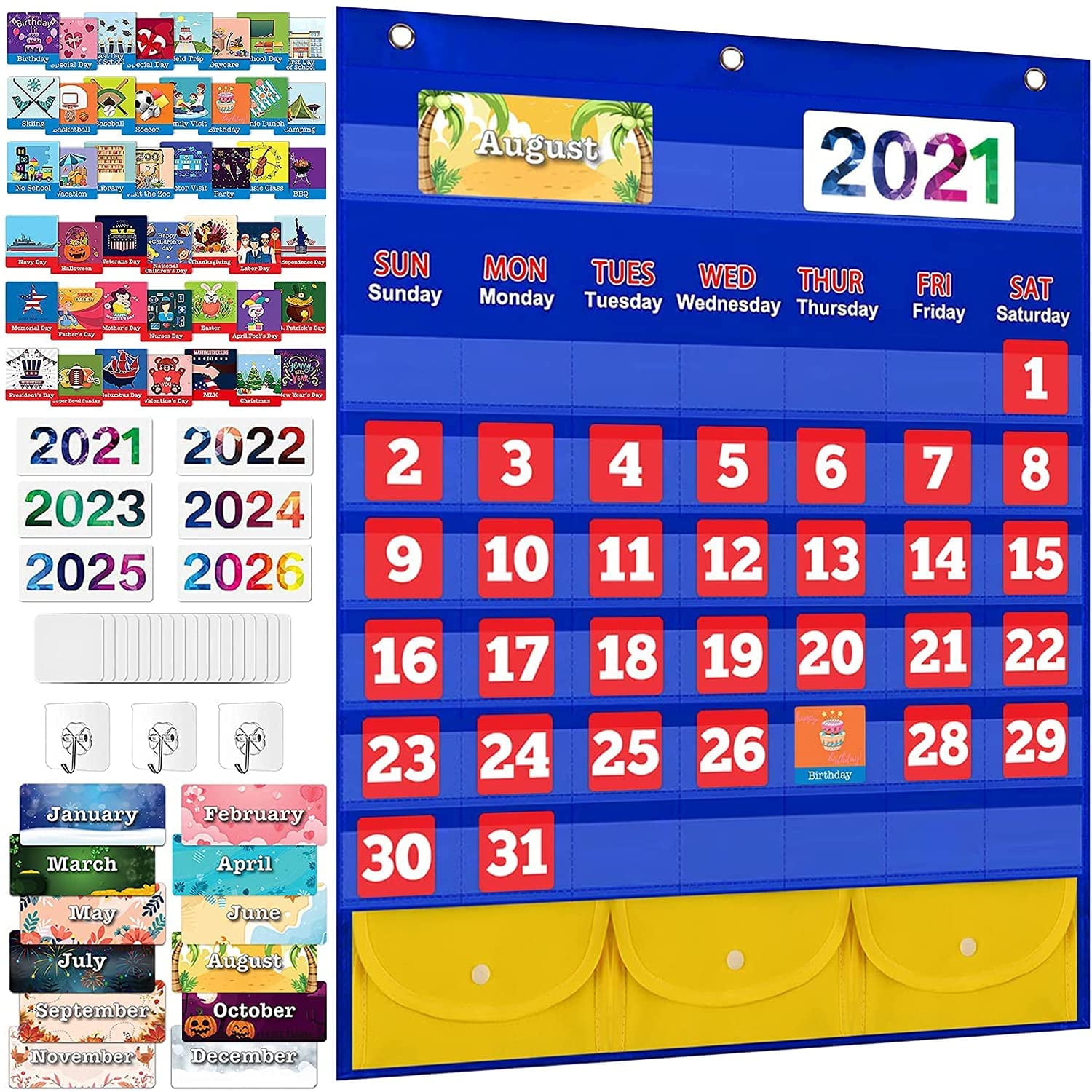 Calendar Pocket Chart with 114 Cards, 27"x23" Monthly Calendar Chart