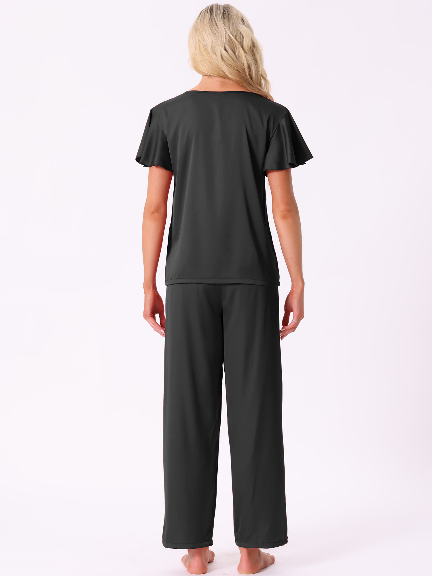 DARING DIVA Silky Satin 2 Pieces Ruffle Top and Long Pants Sleepwear Sets S Black