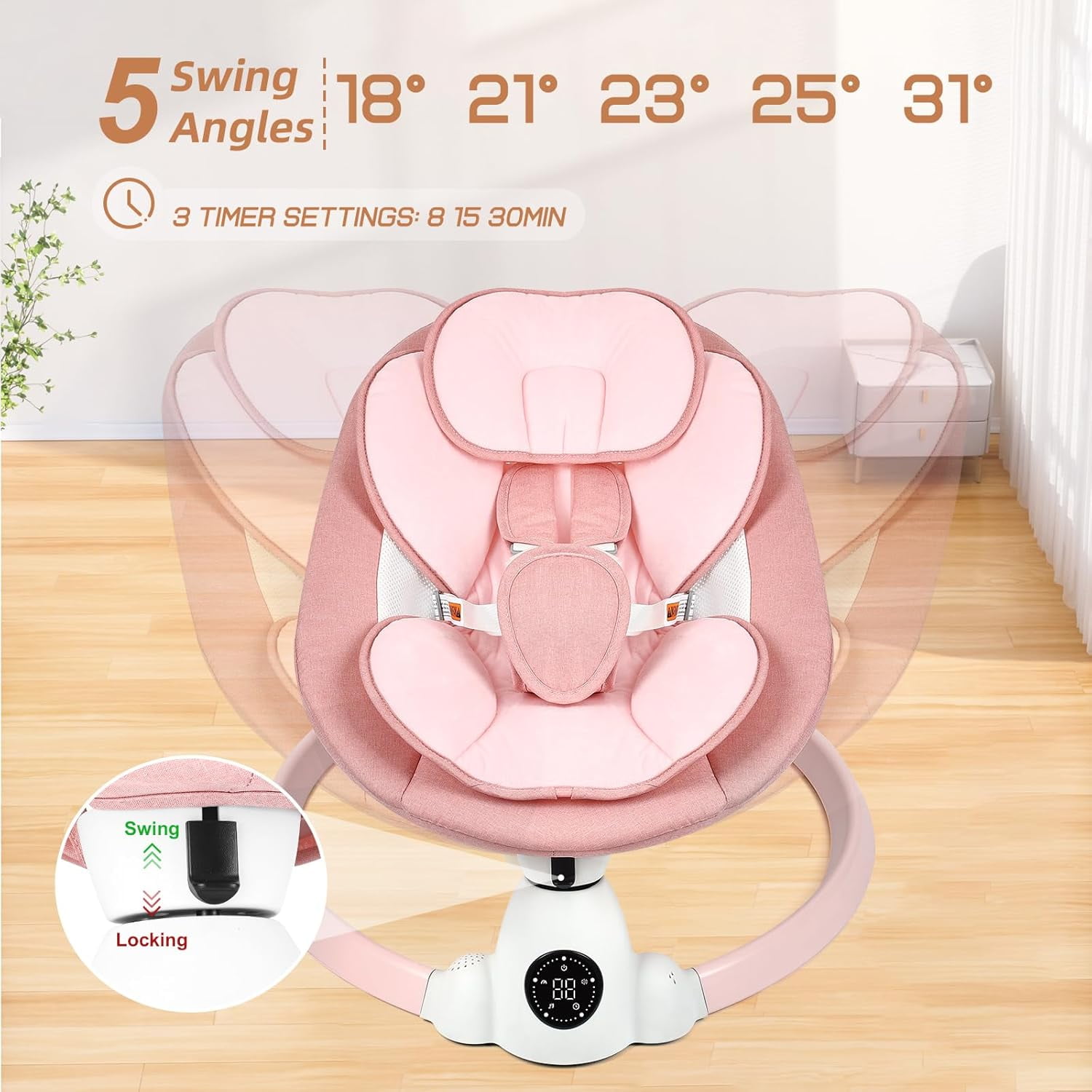 PRVAETU Electric Baby Swing for Infant Newborn W/ 5 Speed,10 Lullabies,5-Point Harness,Detachable Cushion & Canopy,Remote Control & Touch Panel,Pink