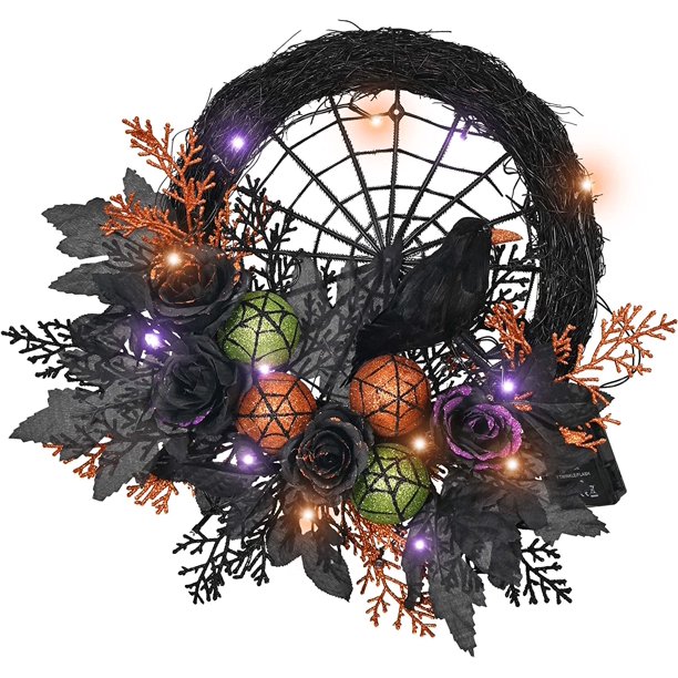 Corona de Halloween iluminada para puerta principal, decoraciones de fiesta de Halloween con cuervo y telaraña, corona de Halloween con luces y función de temporizador 45 cm esquí esquí Gafas de esquí