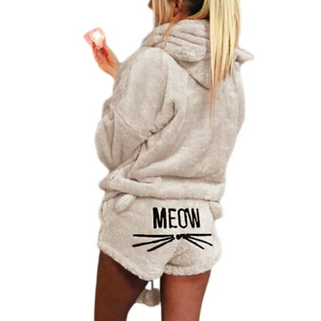 

Women Girls Plus Size Winter Thicken Pajamas Set Cute for Cat Meow Embroidered S