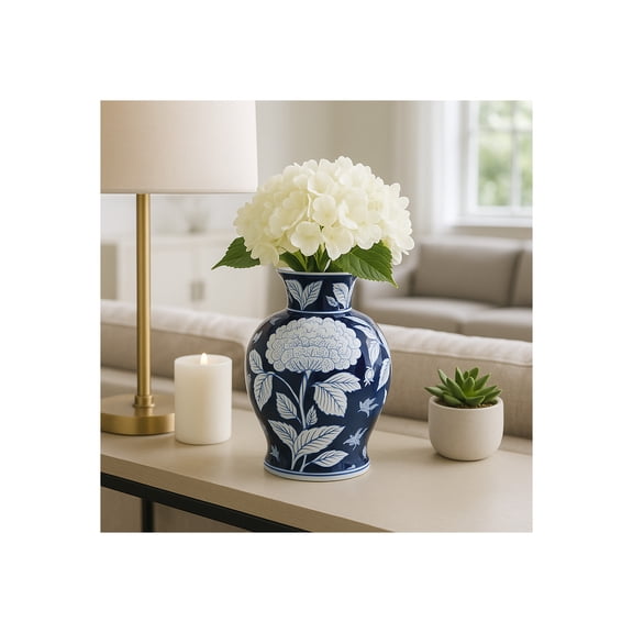 Floral Ceramic Vase for Living Room and Home Decor - Decorative Flower Vase for Room, Bedroom, or Office Display - Table Decor Accent for Hallway, Kitchen, or House Styling - 9", Blue & White