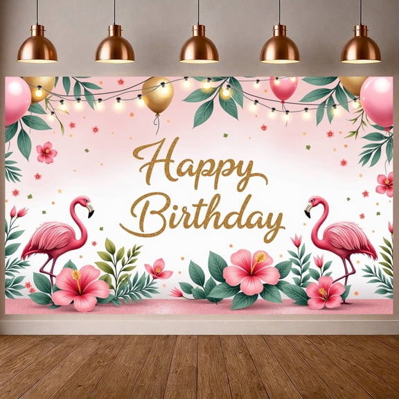 Pink Style Banner Flamingo Pattern Flamingo Birthday Display Floral Decor Gold Glitter Text Floral Birthday Backdrop for Birthday Party Girls' Party Indoor Decoration