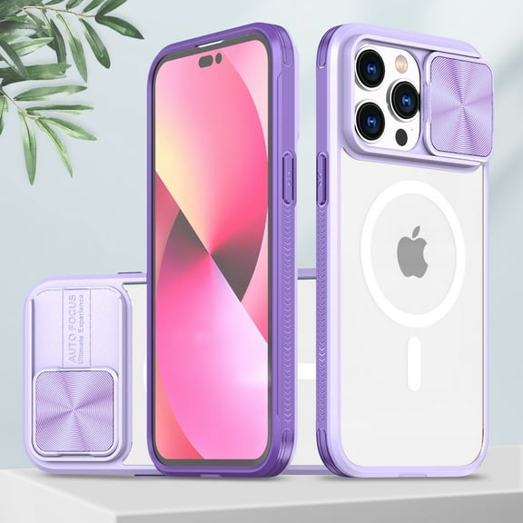 Clear Magnetic Case for iPhone 14 Pro Max with Camera Lens Sliding Protective Cover, Hybrid Acrylic Soft TPU Hard PC Shockproof Case Compatible with MagSafe Wireless Charging Case, Purple