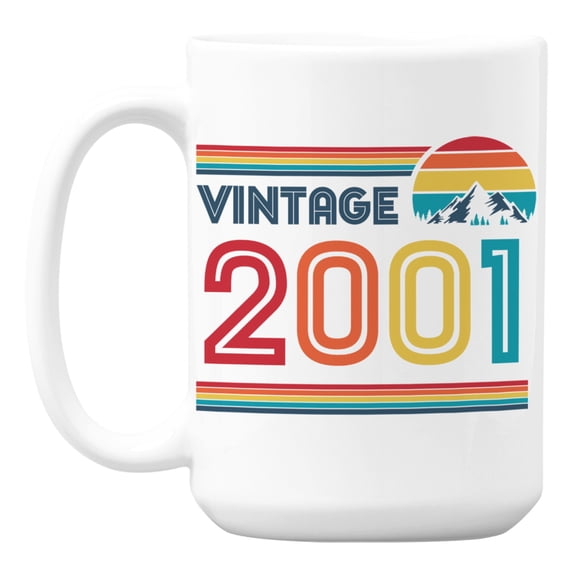Vintage 2001 feat. Retro Sunset White Ceramic Birthday Coffee & Tea Mug (15oz)