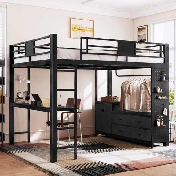 NOBRAND Adult Metal Space-Saving Queen Loft Bed with Desk and Shelves Black