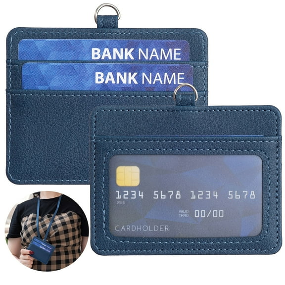 Dteck Slim Minimalist Wallet with Neck Strap, Front Pocket Wallets, Credit Card Holder for Men Women, Blue