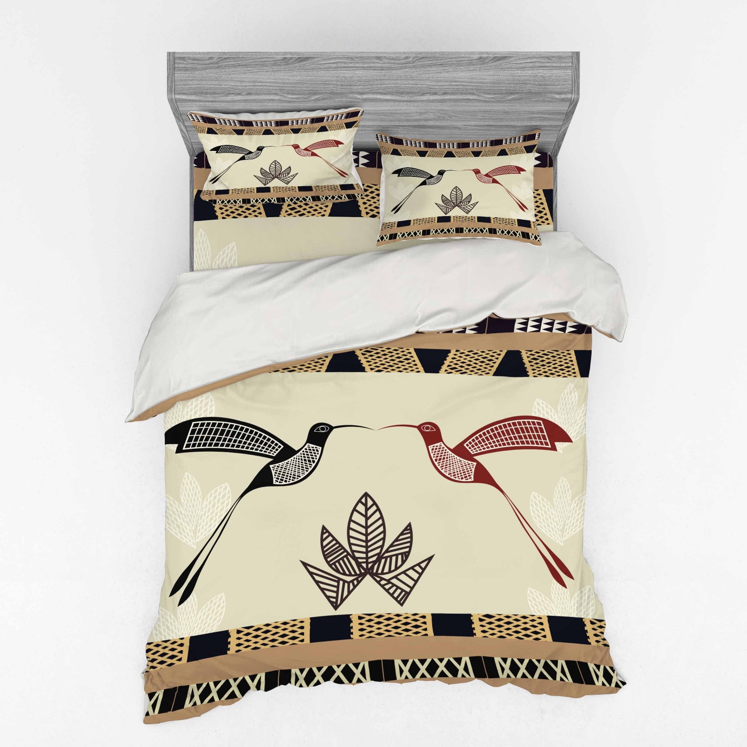 Hummingbird Duvet Cover Set, Image of Bamboo and Hummingbirds Geometric
