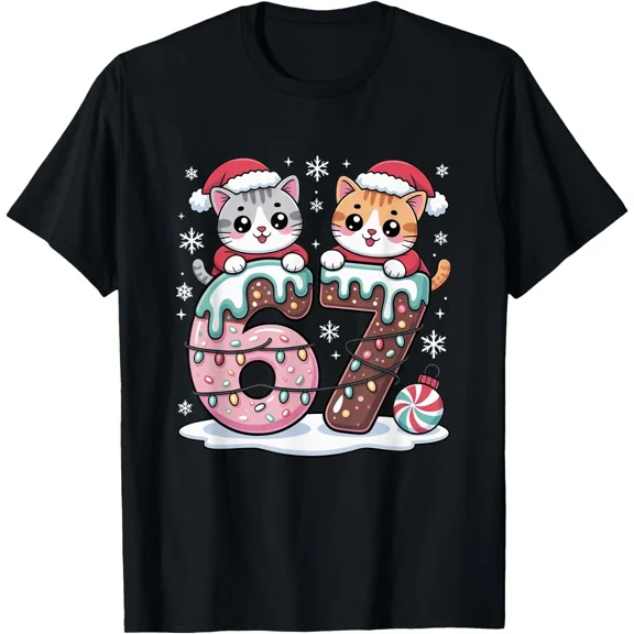 Funny Kawaii Cat Christmas Ice Cream Drip Six Seven Kids Adults Meme Unisex T-Shirt, up to size 5XL