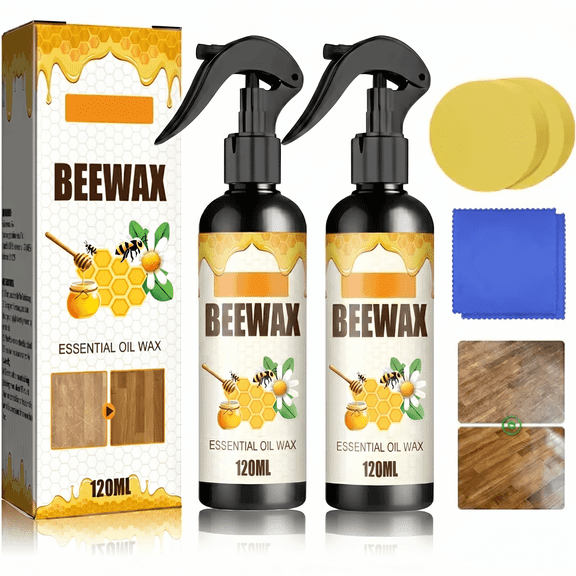 2-Pack Natural Beeswax Furniture Polish and Cleaner Spray, 120ml - Wood Seasoning Beewax for Furniture, Cabinets and Floors, Restores Shine and Removes Scratches, Includes Sponges & Microfiber Cloths