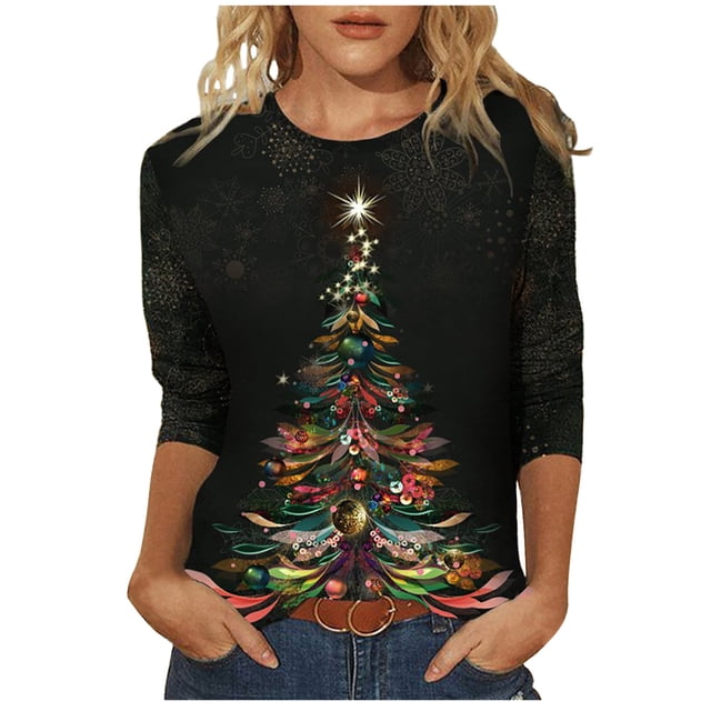 IROINID Chemises de Noël en Solde pour Femmes Blouse à Manches Longues Col Rond Imprimé, Noir