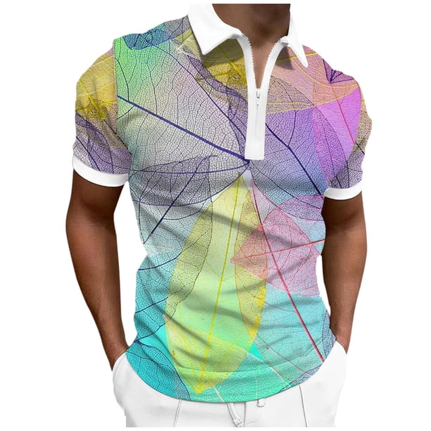 Camisas Para Hombre Camisa de manga corta con cremallera de solapa con impresión digital 3D para hombre Chaqueta de camisa de moda informal (Pink, L)